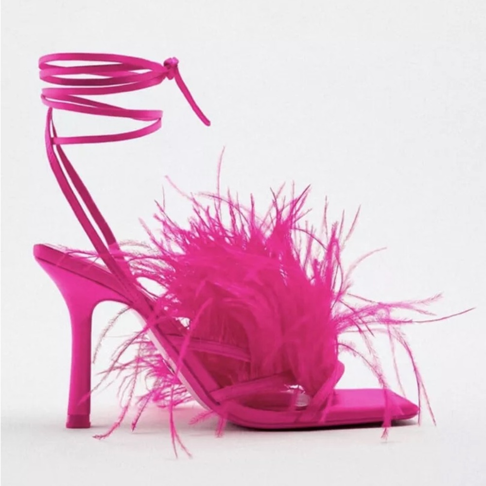 ZARA Bright Fuchsia Pink Feather High Heel Sandals